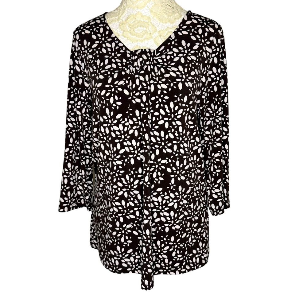 Christopher & Banks Slinky Knit Top Blouse Geo Floral Brown White M